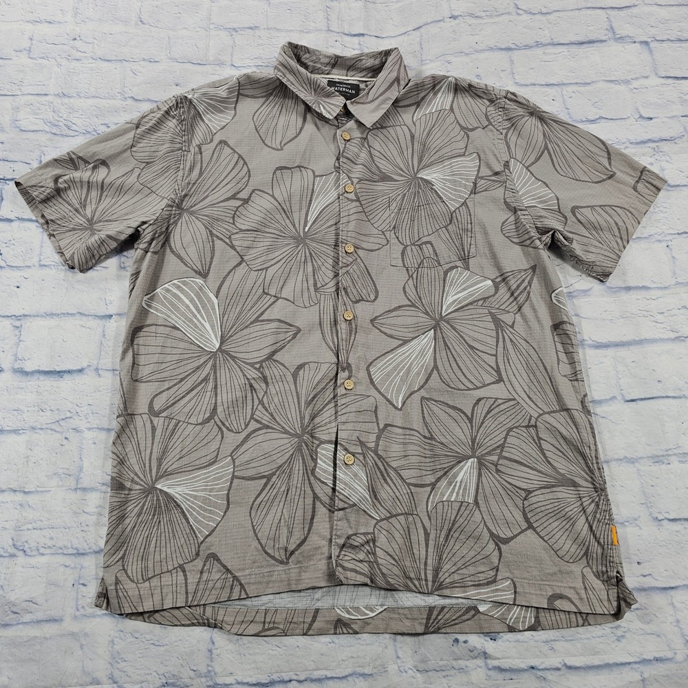 Quiksilver Waterman Shirt MENS XL Grey Floral Cotton Viscose Short Sleeve Button